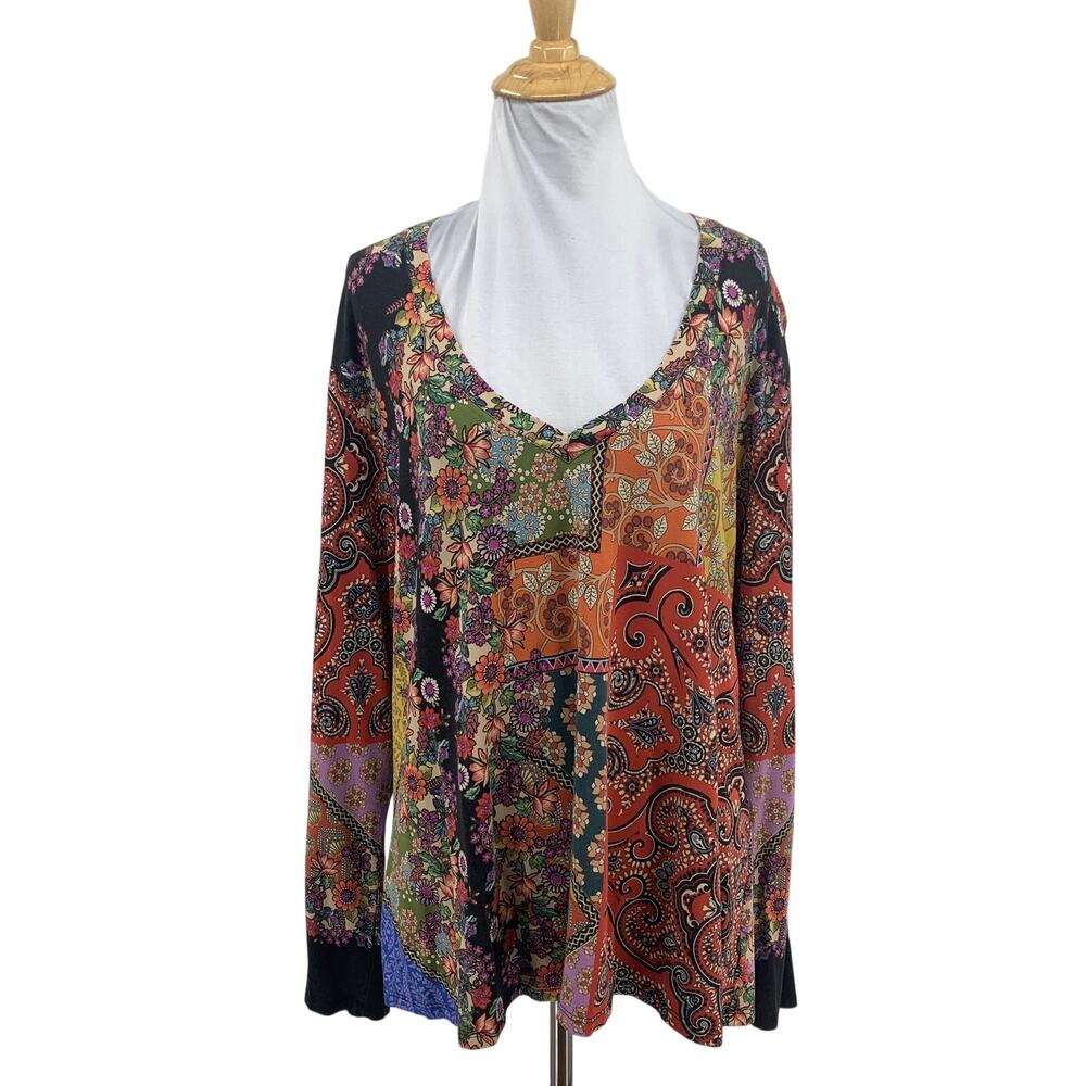 Johnny Was Top Womens L Large Moa Favorite Long Sleeve V Neck Swing Tee Boho